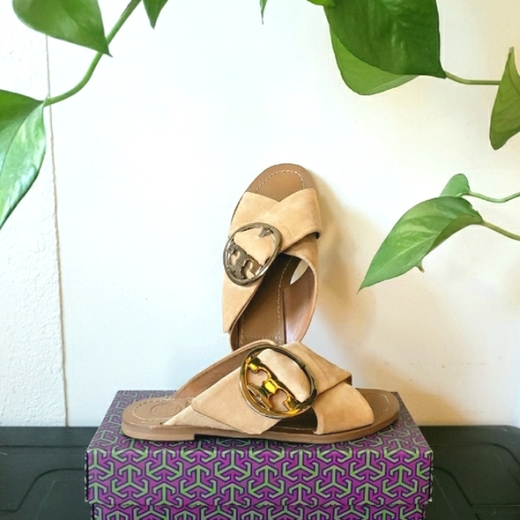 🌱 Tory Burch Grant Suede Sandal Buckle Slide in Neutral Sz 6 - Picture 4 of 10